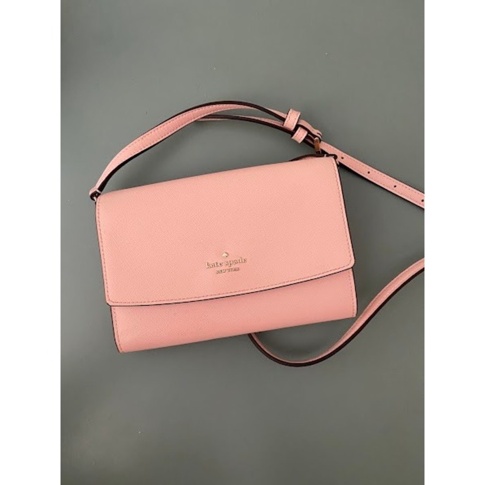Kate Spade Pink Saffiano Leather Crossbody Wallet Bag Clutch Gold Logo - Picture 2 of 11